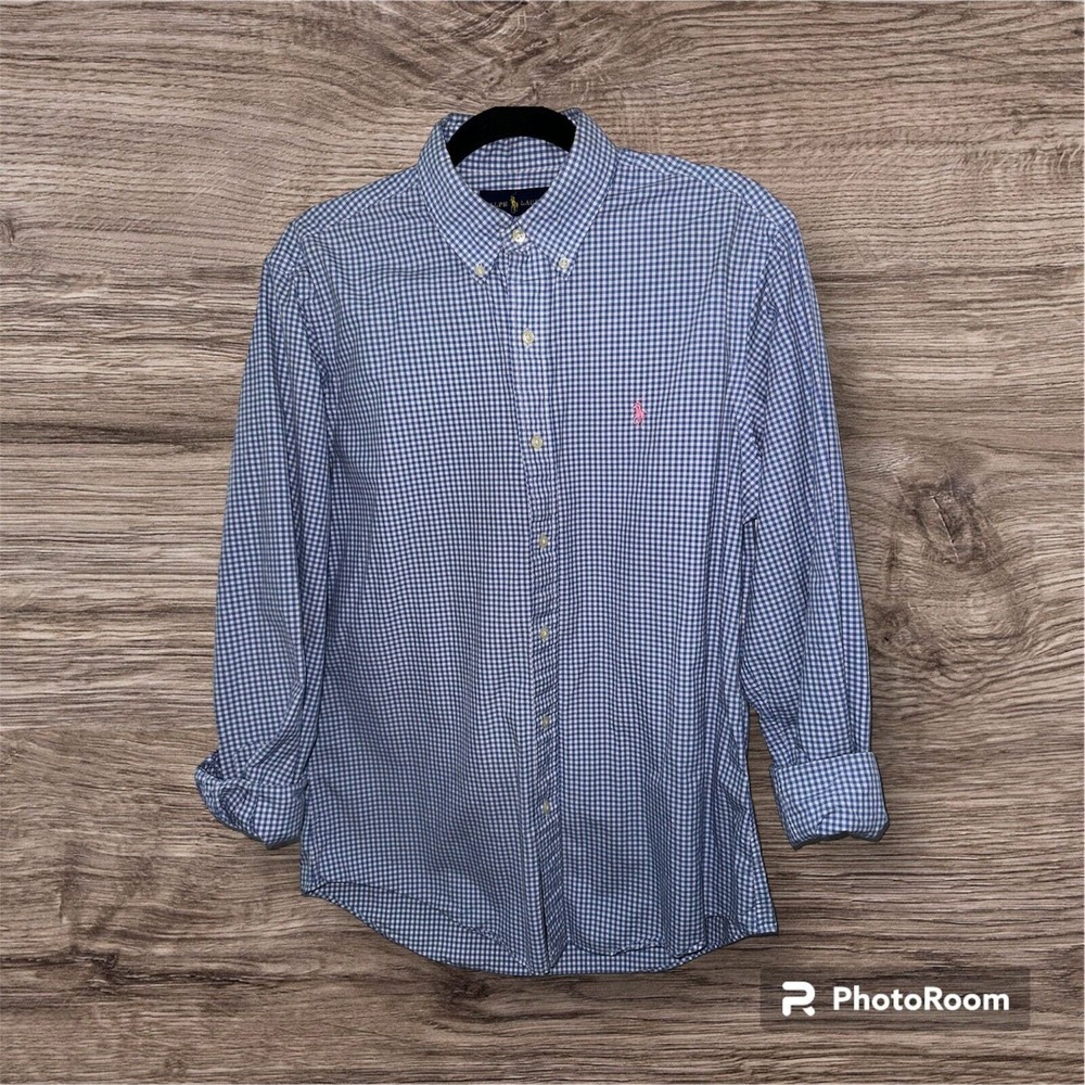 Ralph Lauren Mens Sz M Custom Fit Collar Long Sleeve Shirt Blue Checker Polo